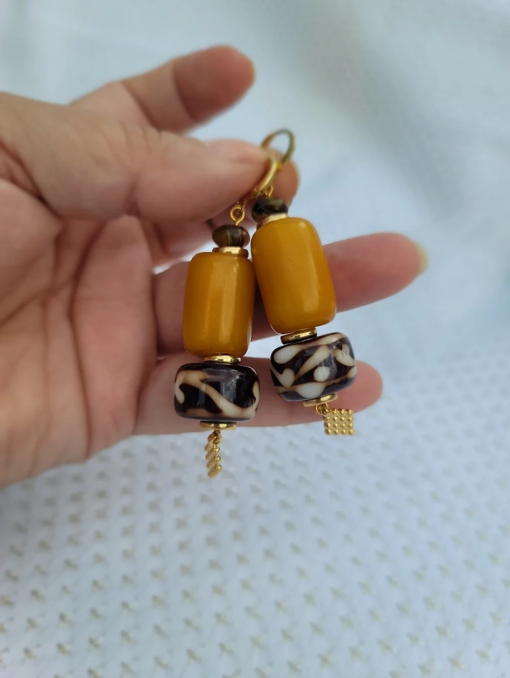 Handmade Mustard Resin Patterned Glass Bead Dangle Earrings Gold Tone Boho Luxe